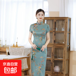 New chinese style ink painting improved daily wearable cheongsam for young girls short-sleeved slim long dress dark green 2xl (125-135jin jin equals 0.5kg)