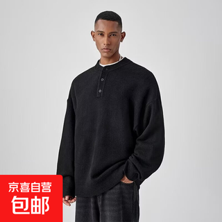 American henry collar autumn and winter sweater men's sweater american retro casual lazy style sweater men's solid color black 3xl