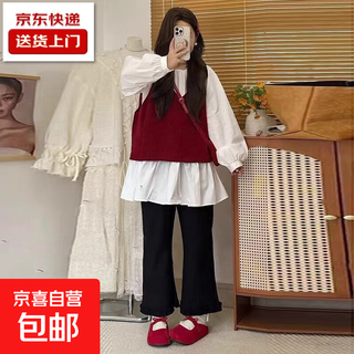 Maternity wear suit autumn 2025 new trendy mom wear during pregnancy shirt vest top lace pants three-piece set fungus pants m