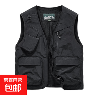 男士薄款马甲多口袋休闲背心V领马夹外套9866 黑色 薄款 2XL 145-160斤