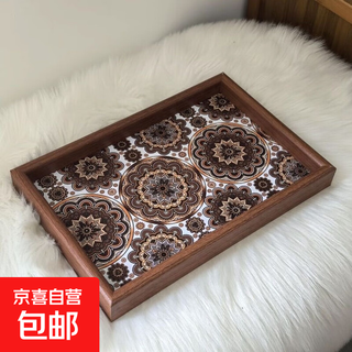 Bohemian style tray tea tray exotic living room desktop water cup jewelry entrance hall home wooden leather storage tray golden sunflower tray 20*30 super affordable