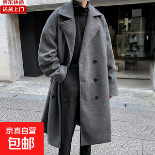 Winter mid-length woolen coat for men over the knee thickened ins trendy suit collar double-breasted woolen windbreaker jacket gray 3xl (recommended 150-160jin jin equals 0.5 kg