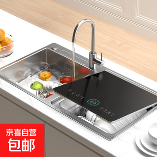 Dishwasher for 8-10 people, large capacity, double spray, small household smart fully automatic desktop embedded hot air drying, active oxygen sterilization and disinfection 9050 right machine and left sink with ultrasonic