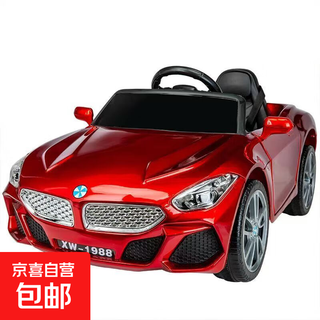 Bmw four-wheel children's electric car for boys and girls aged 1-7 years old, which can be sat on and charged with remote control electric toy car, painted red, fully functional + leather seat + eva tires + large battery