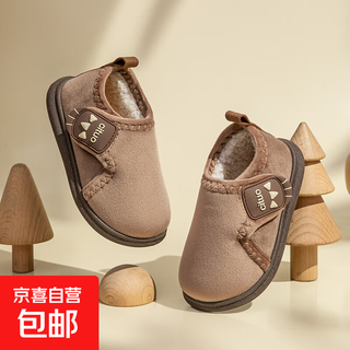 Children's cotton shoes, cute women's winter indoor and outdoor boys' bag-heeled home shoes with velcro and velvet soft soles, non-slip cotton slippers, brown 18 180, suitable for feet length 16.9-17.8cm