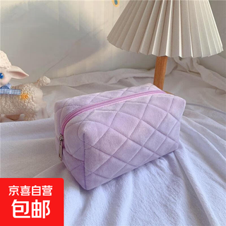 High-looking cream flower cosmetic bag, simple outdoor portable large-capacity toiletry bag, colorful girly hand bag, diamond purple