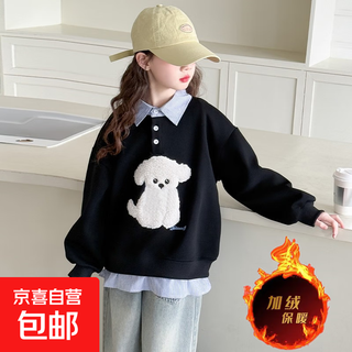 女童加绒卫衣2025新款洋气儿童韩系穿搭上衣女孩大童加厚好看衣服 550-24-195【黑色加绒上衣】 160
