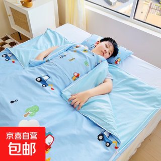 Children's sleeping bag spring, autumn and winter thickened pure cotton four-season universal anti-kick quilt for primary school students, babies, middle-aged and older children, mengduo-engineering vehicle, soft and breathable, 120*150cm soybean cotton 1 thin 1 thick
