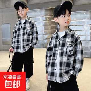 Boys' shirts 2025 spring children's long-sleeved medium and large children's plaid handsome spring and autumn shirt jacket boys trendy black 170