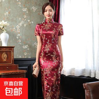 Cheongsam 2025 spring and autumn new short sleeve long brocade young chinese style slim dress women cq816-burgundy dragon and phoenix 3xl recommended 130-140jin jin equals 0.5 kg