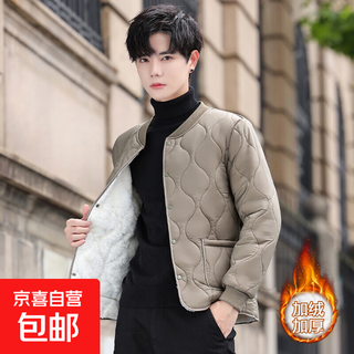Men's winter velvet thickened lining cotton-padded jacket, casual warm cotton-padded jacket for outer wear, versatile short cotton-padded jacket, olive green 2xl 150-165jin jin equals 0.5 kg