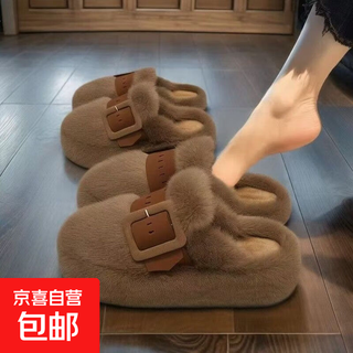 Fashionable furry slippers for women's outer wear 2025 autumn and winter new style super hot high-end home toe-toe half slippers cotton slippers dark brown 37
