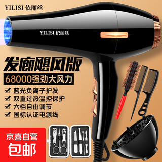 Hair dryer for hair salons, strong wind, home barber shop high-power negative ion silent quick-drying hair care hair dryer, blue light hair care, dark night black 1300w six-piece set + manicure bag