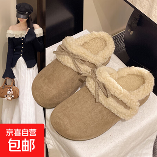 Retro bow thick-soled toe-cap fur slippers for women for outer wear 2025 new autumn and winter plus velvet warm birkenstock cotton slippers c80 card color 37
