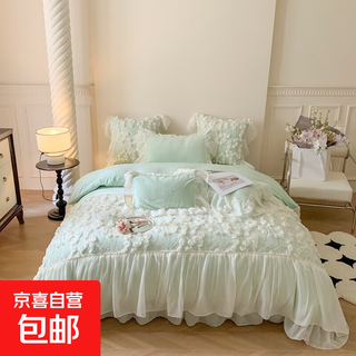 New high-end french romantic four-piece bed sheet set, thickened baby velvet four-piece bed sheet set, bed cover style four-piece set, velvet rose story green 1.5m bed cover style four-piece set