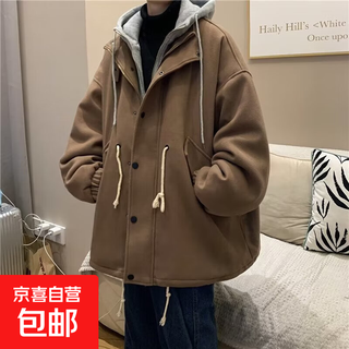 Winter thickened woolen coat men's trendy ins hong kong style hooded woolen coat mid-length trendy brand fake two-piece cotton coat brown xl