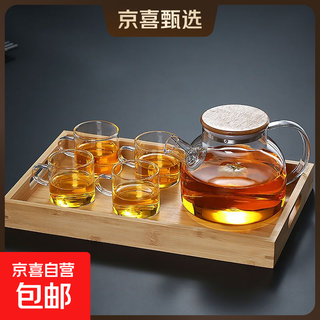 Four seasons teapot teapot set heat-resistant glass tea brewing flower tea filter household water boiling tea cup 1000ml bamboo lid pot + 100ml 4 cups
