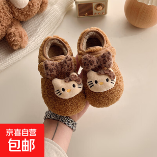 2025 new winter girls' kt cat warm birkenstock shoes for children, versatile non-slip plus velvet baby plush cotton shoes, camel color, size 21/inner length 13.3cm