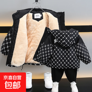 Boys' winter coat with velvet and thickened baby winter jacket parka children's cotton-padded jacket western style autumn and winter style with cotton black 120