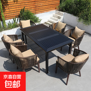 Outdoor table and chair combination courtyard open-air balcony leisure garden rattan chair waterproof and sunproof outdoor table and chair with umbrella chair*6+160*90cm long table