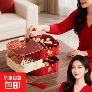 Exquisite fruit plate and candy box for fortune and new year, home living room coffee table with rotatable dried fruit display plate, nut storage box, red 3 layers (recommended for new year)
