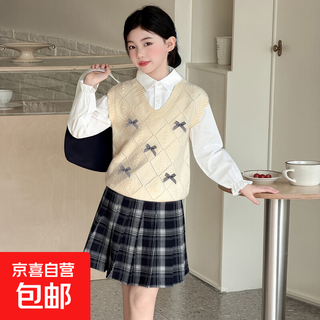Girls spring fake two-piece tops 2026 new medium and large children's fashionable patchwork shirts children's fashionable children's clothing apricot 140