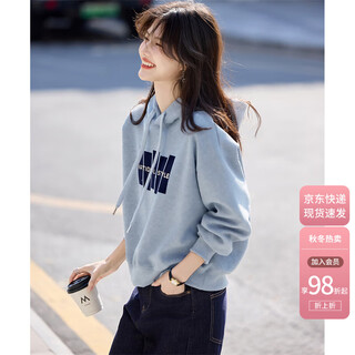 Shangjing letter color block hooded sweatshirt women's 2025 autumn new loose casual versatile drawstring top blue l
