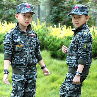 Soldier warrior spring and autumn new girls and boys camouflage uniform suit children's military training uniform casual sportswear middle and older student jacket jungle camouflage with five-pointed star hat size 120 suitable for 125cm height