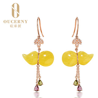 Ouchini beeswax earrings, natural chicken fat, yellow gourd, amber, 18k gold with diamonds, women's model (ready for shipment)