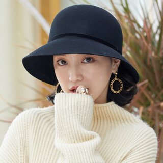 677888礼帽女秋冬天韩版潮流冬季时尚盆帽羊毛呢毡帽渔夫帽秋季英伦复古秋天 黑色 可调节