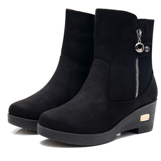 Brejing winter old beijing cloth shoes women's boots plus velvet warm wedge boots women's shoes mom cotton shoes thick sole non-slip cotton boots black 37