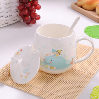 Houhai cup ceramic couple mug bone china cup european style office coffee cup cute children's drinking cup with lid spoon pangpang cup-flower cover blue whale/400ml microwaveable