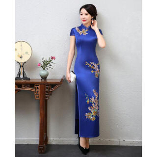 Should performance wear cheongsam long autumn catwalk stage performance chinese style cheongsam etiquette large size welcome daily cheongsam 1068 royal blue xl