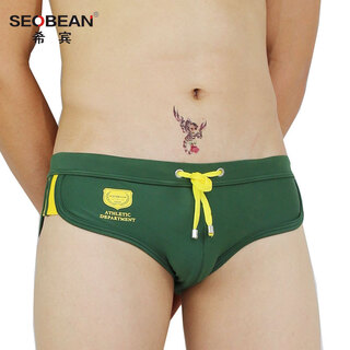 SEOBEAN潮款低腰男士泳裤男三角专业青年个性时尚泳装大码温泉泳衣游泳裤 小标墨绿色 M