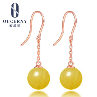 Ou ceni natural amber earrings, 18k gold inlaid chicken fat yellow beeswax earrings, full honey round bead earrings for women (sold in stock, needs 7-10 working days for customization)