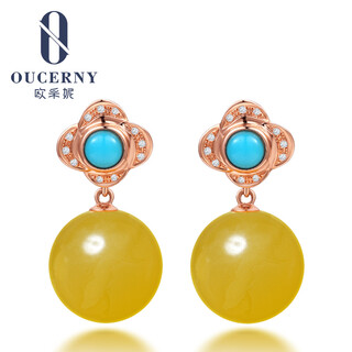 Ou ceni natural amber earrings 18k gold inlaid flower chicken fat yellow beeswax earrings honey round bead earrings for women