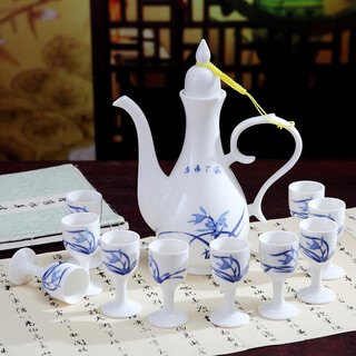 Shengtianxia jingdezhen ceramic wine pot, chinese blue and white porcelain wine set, traditional pouring wine pot, wine glass, white wine wine set, goblet, 1 pot, 10 cups, orchid-wine set, 1 pot, 10 cups, safe and shock-proof packaging