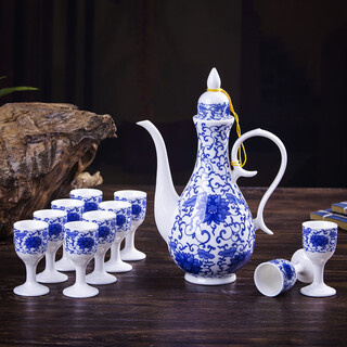 Shengtianxia jingdezhen ceramic wine pot, chinese blue and white porcelain wine set, traditional pouring wine pot, wine glass, white wine wine set, goblet, 1 pot, 10 cups, panzhilian-wine set, 1 pot, 10 cups, safe and shock-proof packaging