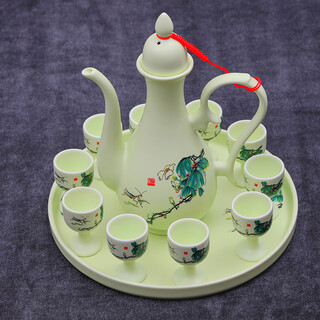Shengtianxia jingdezhen ceramic wine set, wine divider, antique tall wine glass, household flask, white wine cup set, chinese wine bottle, wine cup tray, cuiyumantang-wine set-1 pot, 10 cups, 1 tray