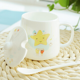 Houhai cup ceramic couple mug bone china cup european-style office coffee cup cute children's drinking cup with lid spoon like cup-flower covered star/380ml microwaveable