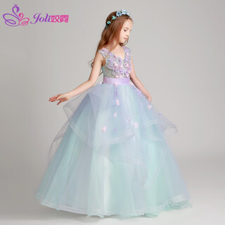 Jiao ni girls' dress elsa princess dress children's high-end light luxury catwalk host piano evening dress performance costume blue and green + bustle + headwear 130