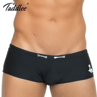 Taddlee men's boxer swimming trunks professional swimwear low-waist sexy sports quick-drying men's triangle swimsuit adult swimming trunks boys black blue black l 155-190cm 70-77.5kg