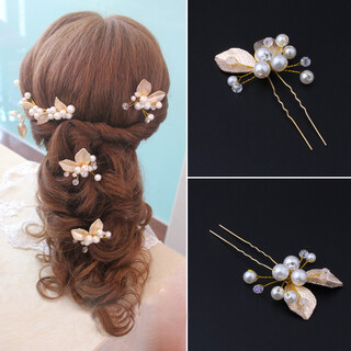 Qianbaolai bridal headdress fresh head flower handmade gold leaf hairpin imitation pearl u-shaped clip wedding dress hair accessories fly together one pair