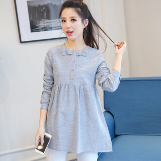 Minchao glen maternity spring and autumn clothes loose doll style maternity shirt women's long sleeve striped bow maternity shirt bottoming blue gray xl