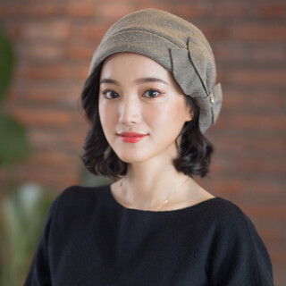 677888 beret women's hat autumn and winter fashion bow european and american british evening party elegant khaki color adjustable