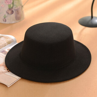 BILLSURF 英伦百搭毛呢黑色礼帽爵士帽绅士帽潮男韩版平顶圆顶帽秋冬女士 黑色 均码 56-58cm