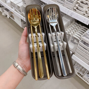 Enshousu portable tableware three-piece set for office workers and students, take-away stainless steel chopsticks, forks and spoons set, gold silver, chopsticks + spoon + fork, free storage box