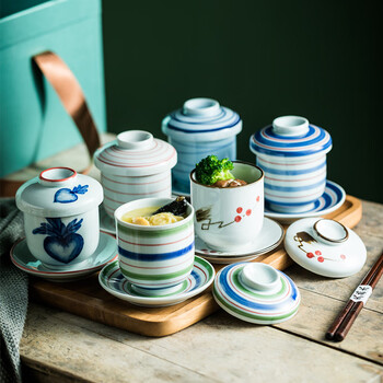 Mu yilin painted ceramic small stew pot three-piece set with water-proof stew pot, bird's nest steamed egg soup pot with lid and bottom plate for one person, red line stew pot, single pack