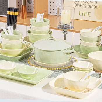 Persson bowls, plates and tableware complete set in cream style 2026 new home complete set of high-looking dishes and chopsticks combination as a housewarming gift, cream yellow and green mix and match (great value and practical) 82-piece set