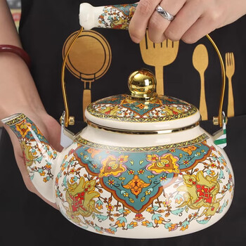 Enamel enamel pot enamel kettle household tea kettle milk tea kettle enamel kettle induction cooker gas use 1l turkish pot ethnic style - side 2 points 3l